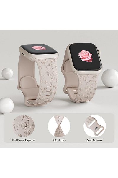 REDz Accessories Curea cu trandafiri, silicon gravat, pentru Apple Watch, detalii florale, reglabilă, culoare stea - 38/40/41 mm