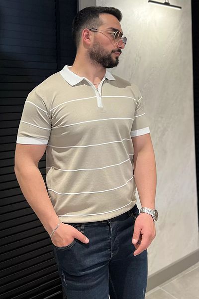 MİSHAR İTALİA Μπλουζάκι πλεκτό μπλουζάκι με μπεζ ανδρικό γιακά πόλο με μισό φερμουάρ