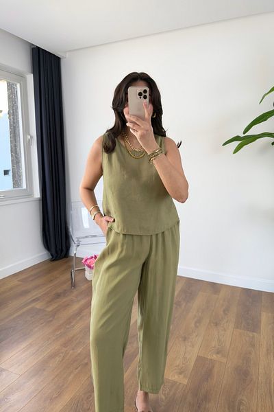 BİRCANÇİL Chakra Olive Blouse Trousers Tensl Suit