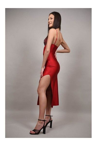 FASHIONLAND Long Occasion Dress Cups With Rhinestones Illustrious Red Xs-s