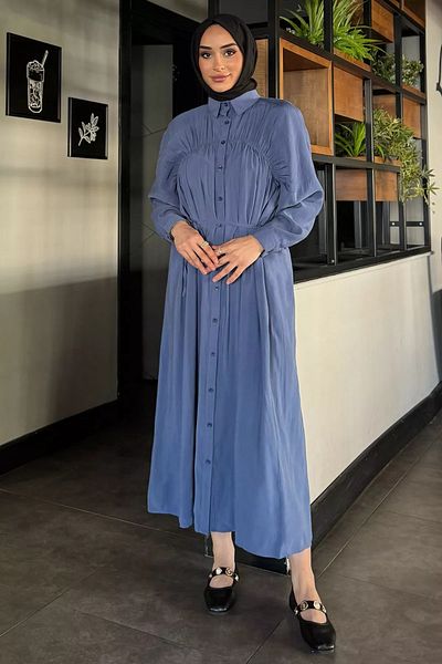 julude Indigo Roba Μακρύ Κορδόνι Κουμπωτό Φόρεμα Hijab