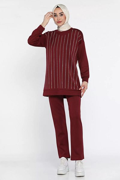 julude Βουργουνδία Crew Neck Stone Hijab Παντελόνι Σετ δύο τεμαχίων