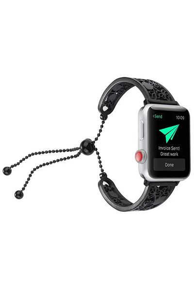 REDz Accessories Curea florală goală, Apple Watch, model floral, reglabilă, oțel inoxidabil, neagră - 44/45/46/49 mm