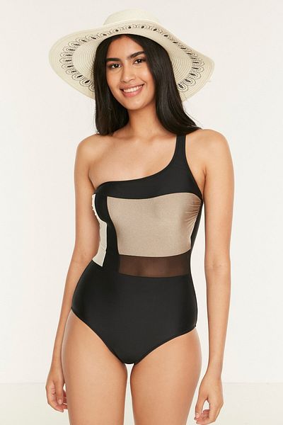 C&City One-Shoulder-Badeanzug aus Tüll 7534 Beige