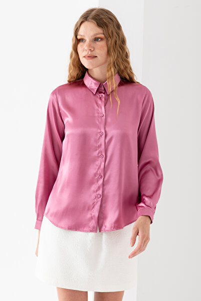 GİYSA Ženska satenska košulja dugih rukava Lagan Lepog pada roza - 3964