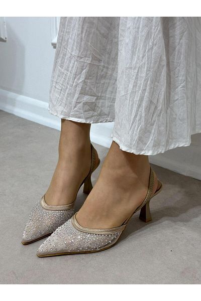 ERVANIN BUTİĞİ Nude Mesh (Wedding) Stone Detailed Women's Stiletto