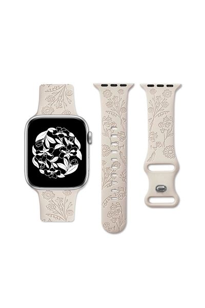 REDz Accessories Curea cu imprimeu floral, silicon, pentru Apple Watch, reglabilă, gravată, Starlight - 44/45/46/49 mm