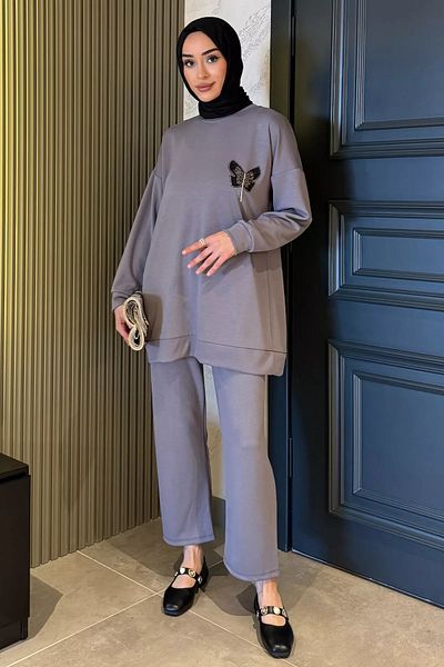 julude Γκρι Plus Size Butterfly Stone Hijab Παντελόνι Σετ δύο τεμαχίων