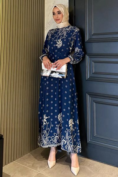 julude Indigo γυναικείο φόρεμα με μοτίβο με ζώνη μέσης Plus Size Hijab Viscose