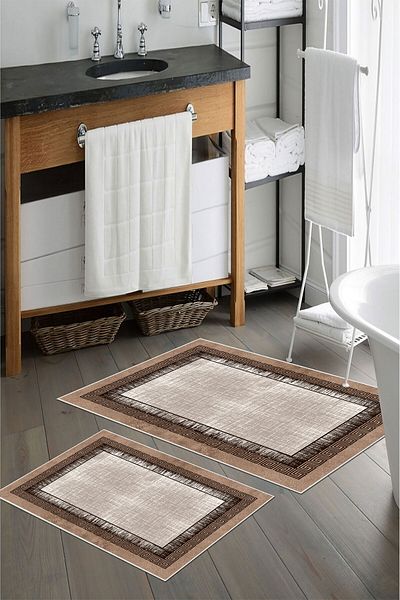 nova century Covoraș de baie lavabil din 2 piese cu bază anti-alunecare - Nova Bath Patterned 60*100 Cm - 50*60 Cm