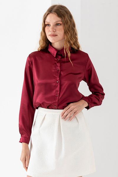 GİYSA Cămașă de damă cu mânecă lungă din satin ușor drapat Bordeaux - 3964