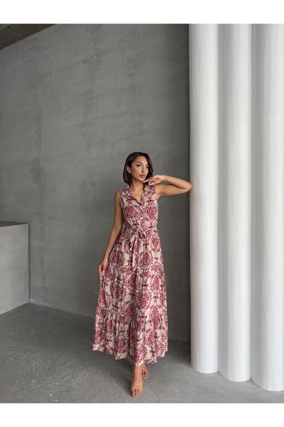 BEJNA Women's Burgundy Patterned Shirt Collar Summer Maxi Dress