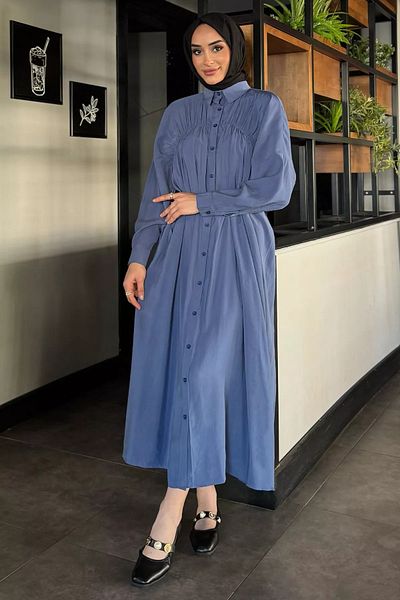 julude Indigo Roba Μακρύ Κορδόνι Κουμπωτό Φόρεμα Hijab