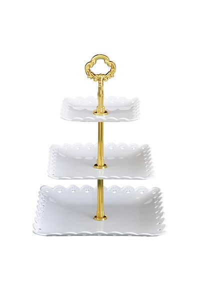PUFO Bol pătrat pentru fructe Sweets cu 3 niveluri, pentru prăjituri, fructe, aperitive, 34 x 24 cm, alb