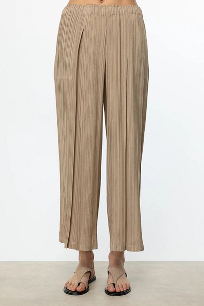 Ekol Accordion Fabric Wide Leg Trousers Camel