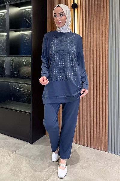 julude Σκούρο Indigo Crew Neck μπροστινό πέτρινο Plus Size Hijab Παντελόνι Σετ δύο τεμαχίων