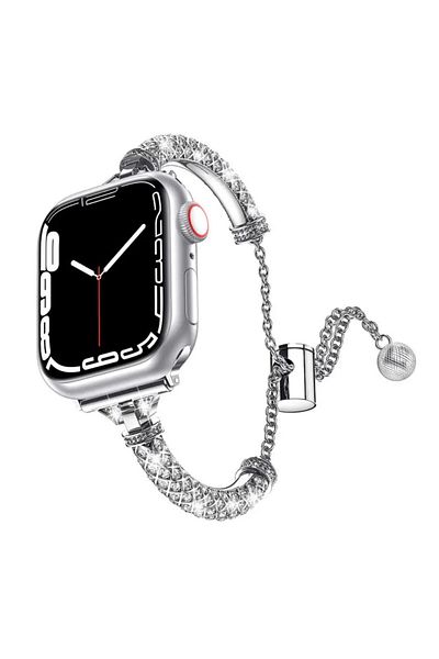 REDz Accessories Curea metalică pentru Apple Watch, model cu lanț și zirconiu, oțel inoxidabil argintiu - 38/40/41 mm