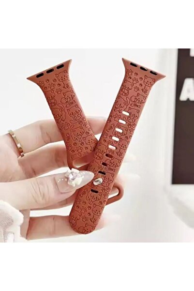 REDz Accessories Λουράκι με χαραγμένο σχέδιο γάτας, Sport, Συμβατό με Apple Watch, Ρυθμιζόμενο, Σιλικόνη, Καφέ - 38/40/41 mm