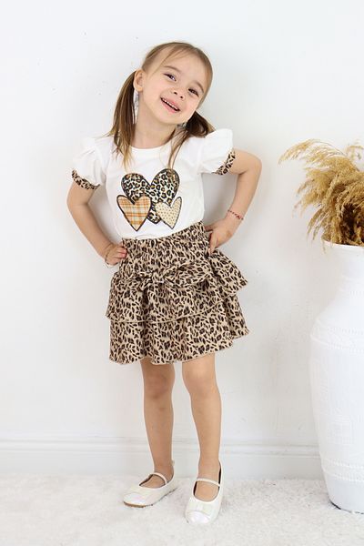 ESİLA KİDS Girl's Leopard Print 2-Piece Set Heart Print Balloon Sleeve T-Shirt and Ruffled Skirt 3-6 Years