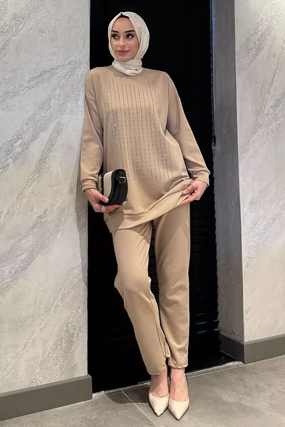julude Μπεζ Crew Neck Μπροστινό Πέτρινο Plus Size Hijab Παντελόνι Σετ δύο τεμαχίων