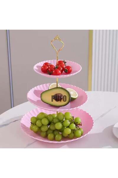 PUFO Candy 3-tiered fruit bowl, for cakes, fruit, appetizers, metal handle, pink