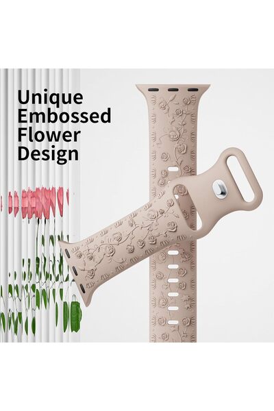 REDz Accessories Λουράκι με τριαντάφυλλα, χαραγμένη σιλικόνη, για Apple Watch, λεπτομέρειες λουλουδιών, ρυθμιζόμενο, κρεμ - 44/45/46/49 mm