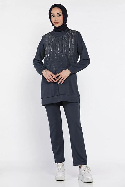 julude Σκούρο Indigo Plus Size Stone Hijab Παντελόνι Σετ δύο τεμαχίων