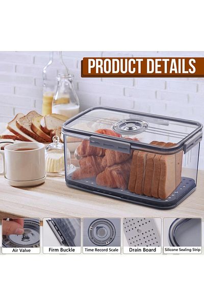 COOYA Refrigerator bread storage box, BPA-free, airtight storage, with time recording function, gray