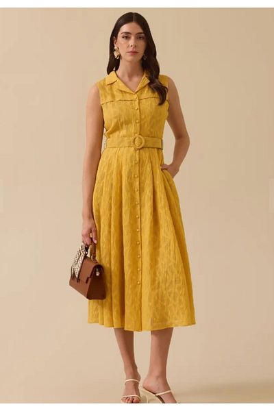 SEÇİL Women's Belt Detailed Sleeveless Midi Dress - Yellow