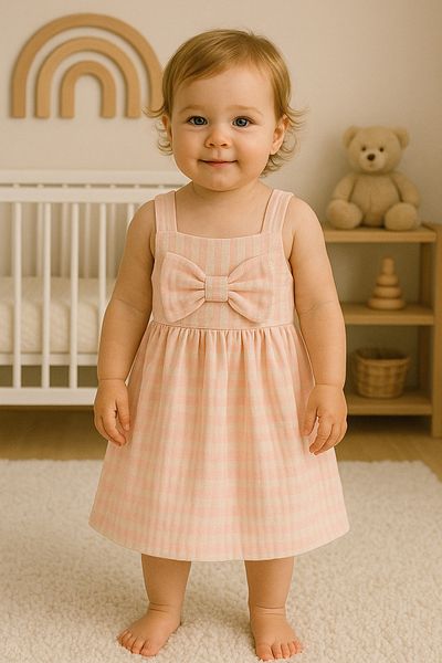 enes baby Double Layer Muslin Fabric Bow Detailed Pink and White Striped Strap Girl's Dress