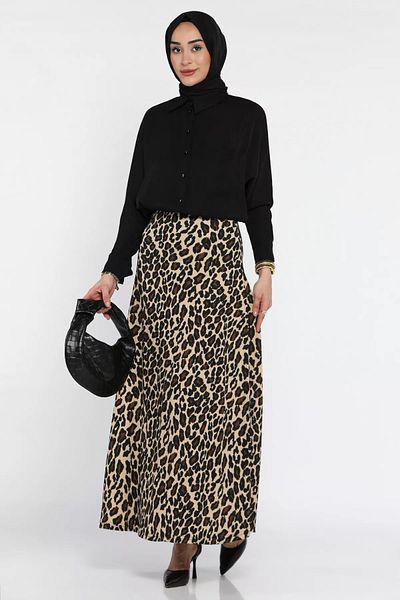 julude Beige Women's Leopard Patterned Hijab Wrapped Kiloş Skirt