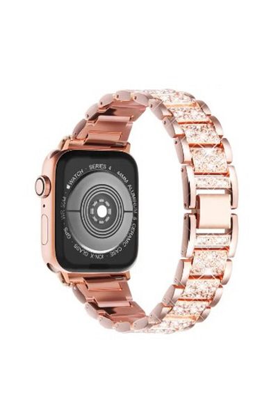 REDz Accessories Metal Strap For Apple Watch, Model With Links/zirconia Crystals, Stainless Steel, Pink - 38/40/41 Mm