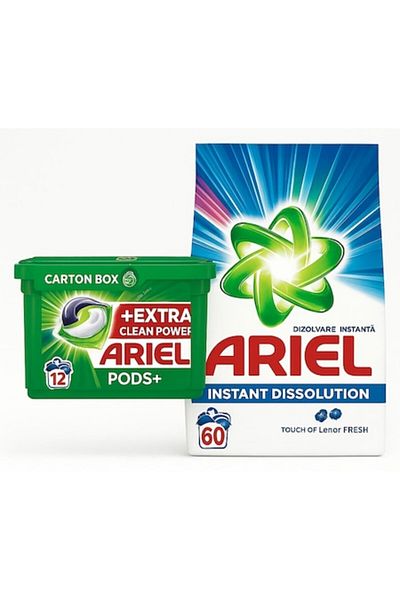 Ariel Promo Package – Detergent Capsules Powder 60 12 Washes, Intense Cleaning & Freshness