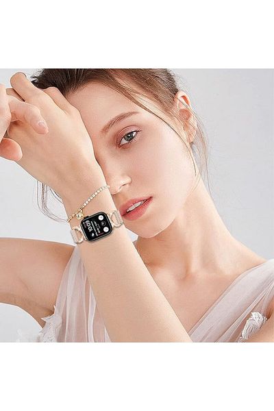 REDz Accessories Fashion Model Strap, Apple Watch, Rhinestones, Metal Clasp, Cream - 44/45/46/49 Mm