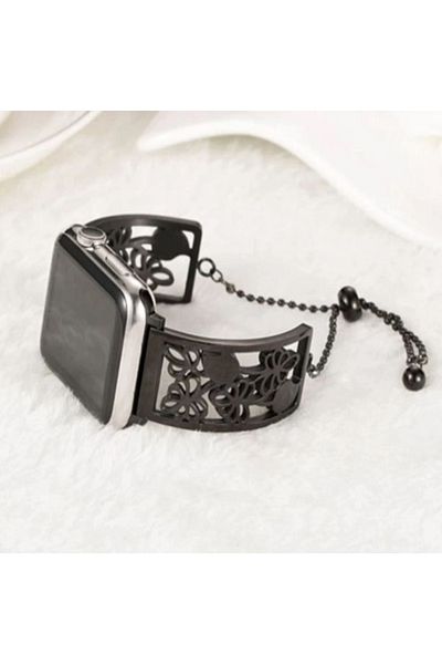 REDz Accessories Curea pentru Apple Watch Fashion, model floral, oțel inoxidabil, damă, neagră - 44/45/46/49 mm