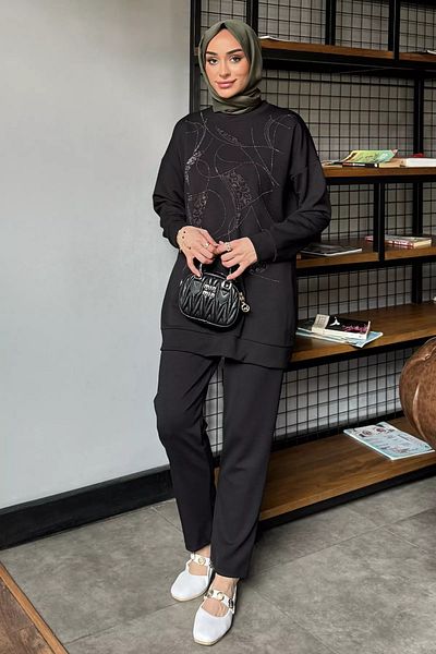 julude Μαύρο Plus Size Crew Neck Stone Hijab Παντελόνι Σετ δύο τεμαχίων
