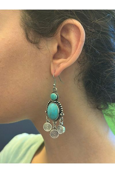 Gönülden Tasarım Ethnic Authentic Women's Earrings with Turquoise Stones 7 cm