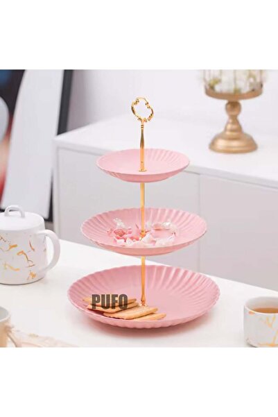 PUFO Candy 3-tiered fruit bowl, for cakes, fruit, appetizers, metal handle, pink