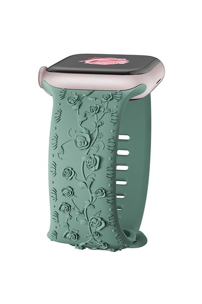 REDz Accessories Roses Strap, Engraved Silicone, For Apple Watch, Floral Details, Adjustable, Green - 44/45/46/49 mm