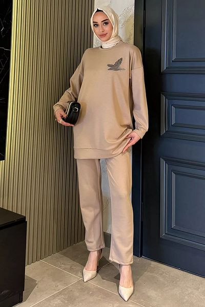 julude Μπεζ Plus Size Crew Neck Stone Λεπτομερές Hijab Παντελόνι Σετ δύο τεμαχίων
