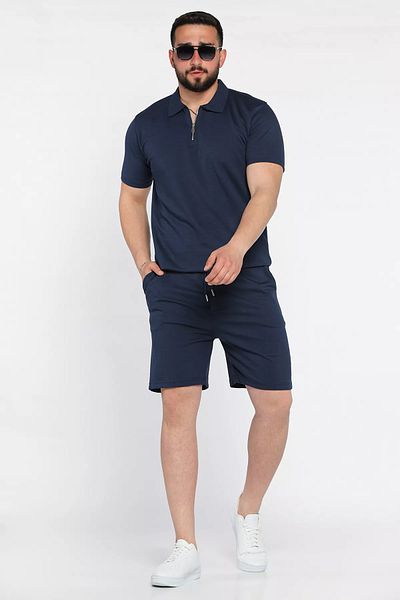 MİSHAR İTALİA Navy Blue Polo Neck Half Zipper T-Shirt Shorts Men's Two Piece Set