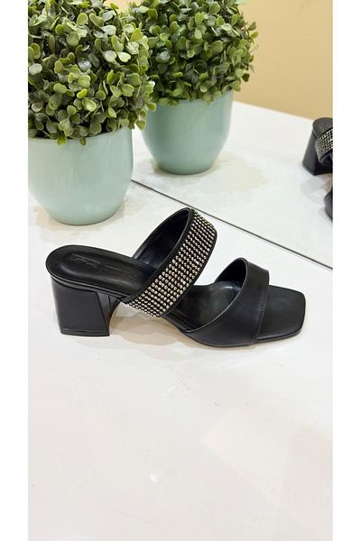 PUNTO 262096 Thick Short Heeled Double Banded Stone Slippers