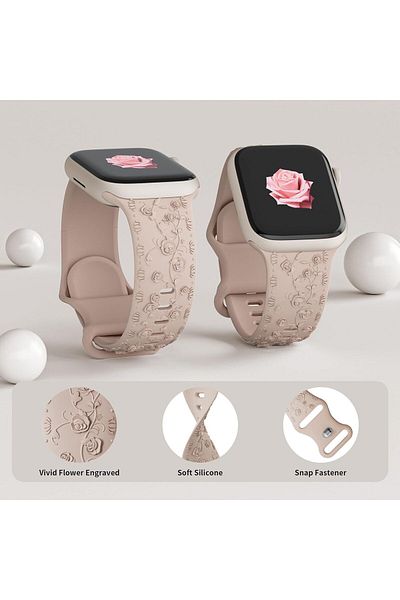 REDz Accessories Curea cu trandafiri, silicon gravat, pentru Apple Watch, detalii florale, reglabilă, crem - 38/40/41 mm