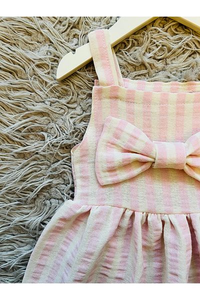 enes baby Double Layer Muslin Fabric Bow Detailed Pink and White Striped Strap Girl's Dress