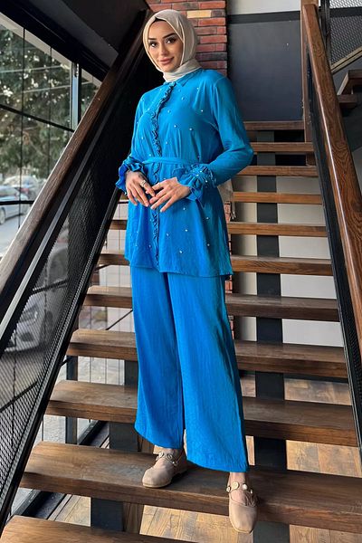 julude Set din două piese, pantaloni cu tunică de piatră, cu talie hijab albastră