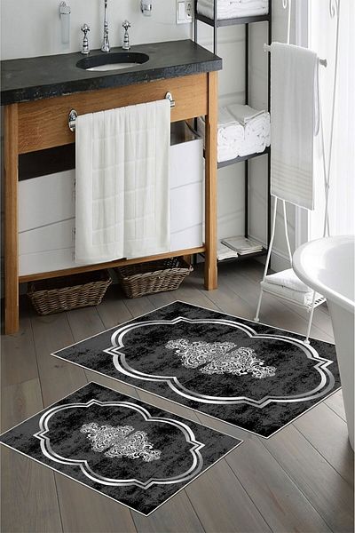 nova century Covoraș de baie lavabil din 2 piese cu bază anti-alunecare - Nova Bath Patterned 60*100 Cm - 50*60 Cm
