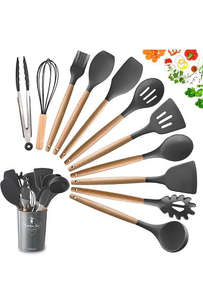COOYA 11-piece silicone kitchen utensil set,food-grade material,durable,with hook and storage cup,black