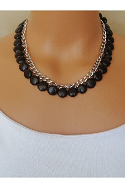 LemaStone Doğal taş kolye; AA Kalite siyah oniks ve gümüş renk çelik zincir