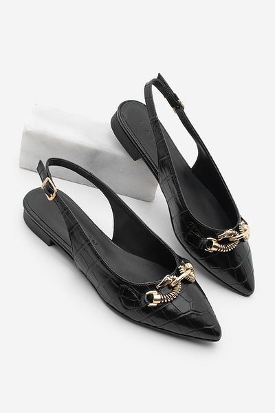 Marjin Schwarze Kroko-Daily-Ballerinas für Damen von Nelis mit Schal-Schnalle