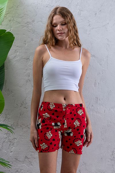 GİYSA Women's Elastic Waist Patterned Shorts Pajama Bottom Red - 2027